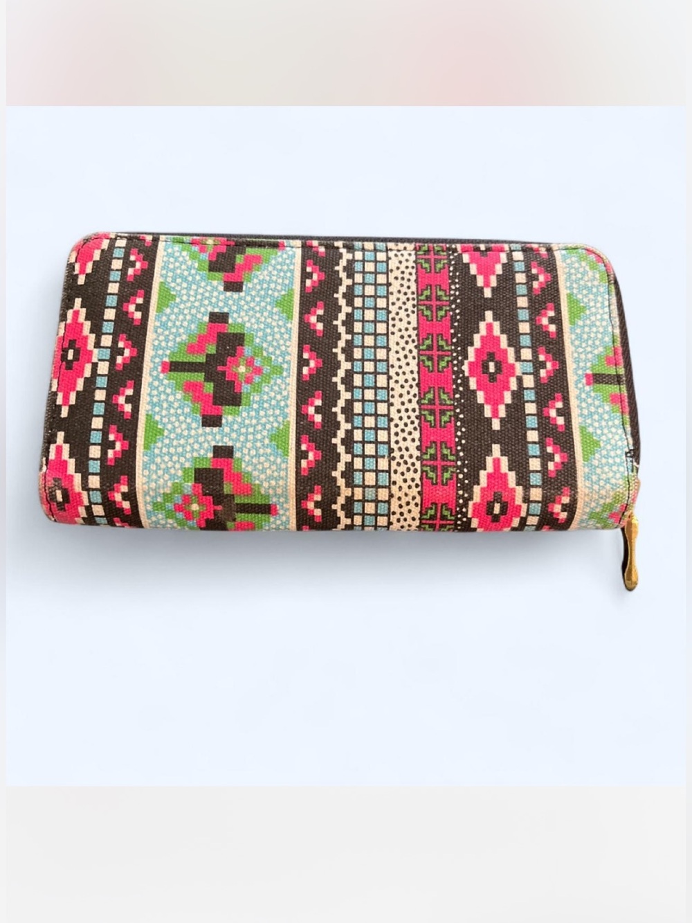 Colorful Aztec Zip Wallet – Pink, Green & Brown
